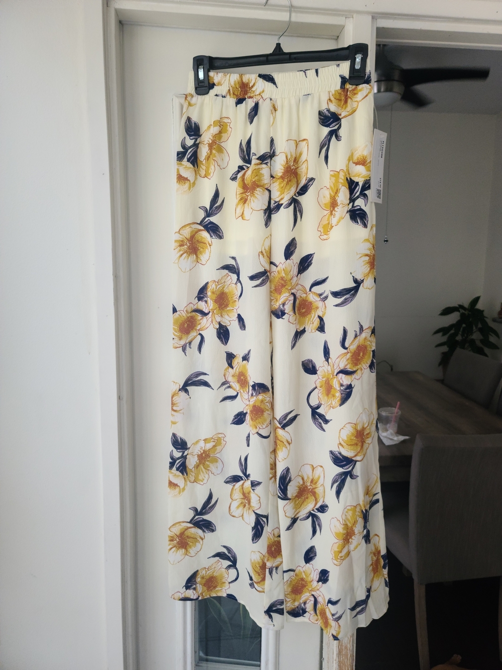 FAVLUX Cream Wide-Leg Floral Pants with Yellow & Navy Print